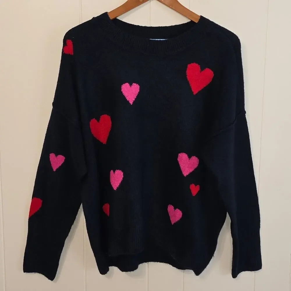 CeCe Heart Pattern Sweater Navy Pink Red Soft Crew Neck Sweater Women S Like New